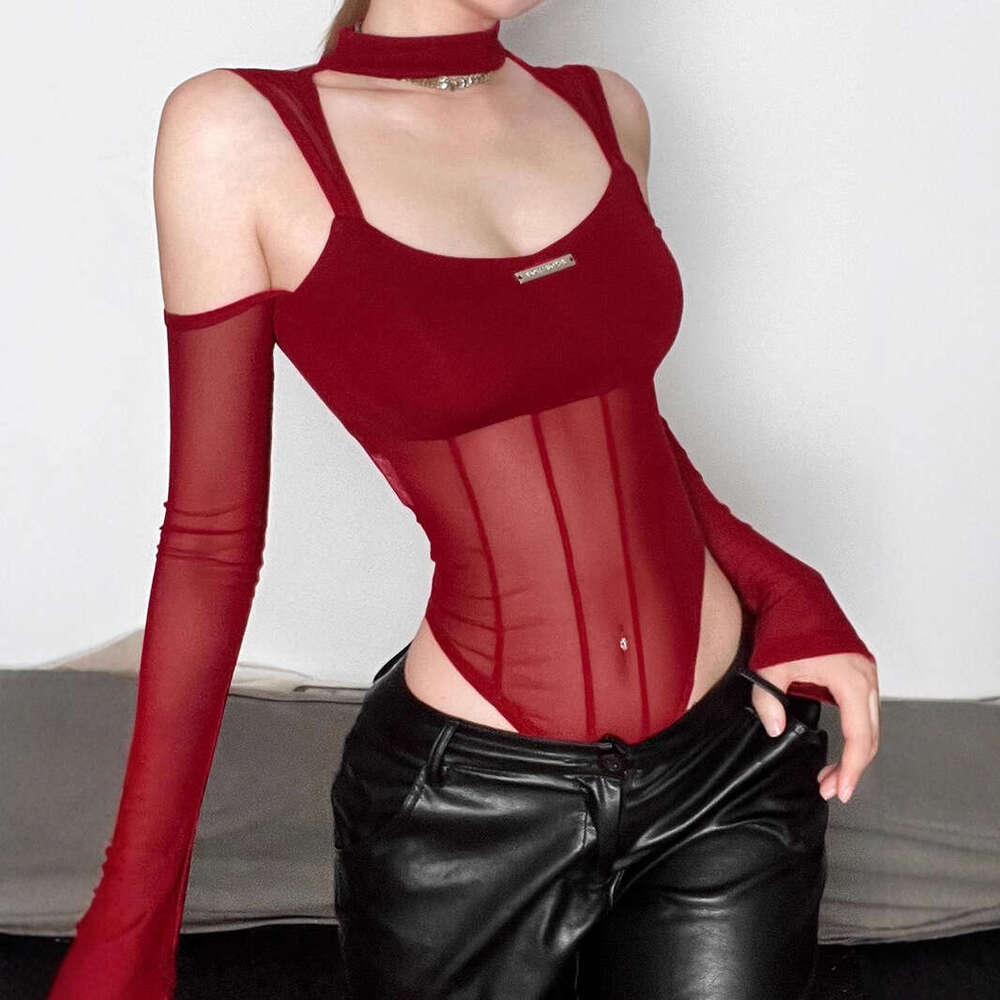Long Sleeve T-Shirt for Women, Internet Celebrity Pure Desire Top, Sexy Mesh Hollow Out Low-Cut Off-Shoulder Red Patchwork Bodysuit