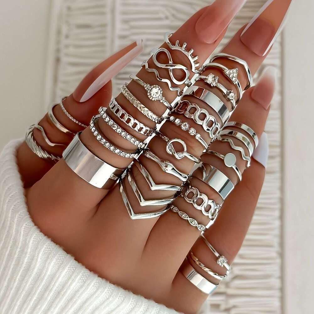 Fashion Baroque Rings Set Geometric Creative Ring Imitation Pearls 6 pieces 22 pieces 30 pieces Set Personality Irregular Womens Rings Flower Wholesal