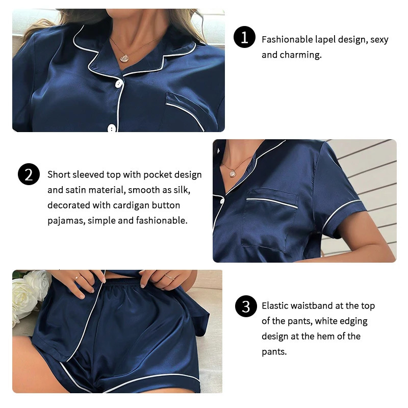 2026 Elegant Women Sleepwear Satin Pajamas Set Short Sleeve Lapel Buttons Top and Shorts Breathable Soft Fabric Fit 251231