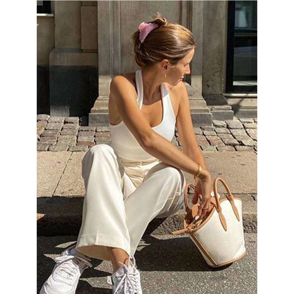 White Halter Sexy Backless Tank Tops for Women Streetwear 2024 Sleeveless Ribbed Knit Vest Top Cropped Feminino