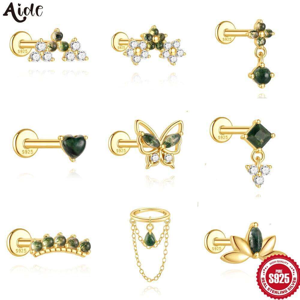 Aide 925 Sterling Silver Small Tiny Green Agate Stud Earrings Gold Color Cut Crystal Studs Ear For Women Jewelry Pendientes 1PC