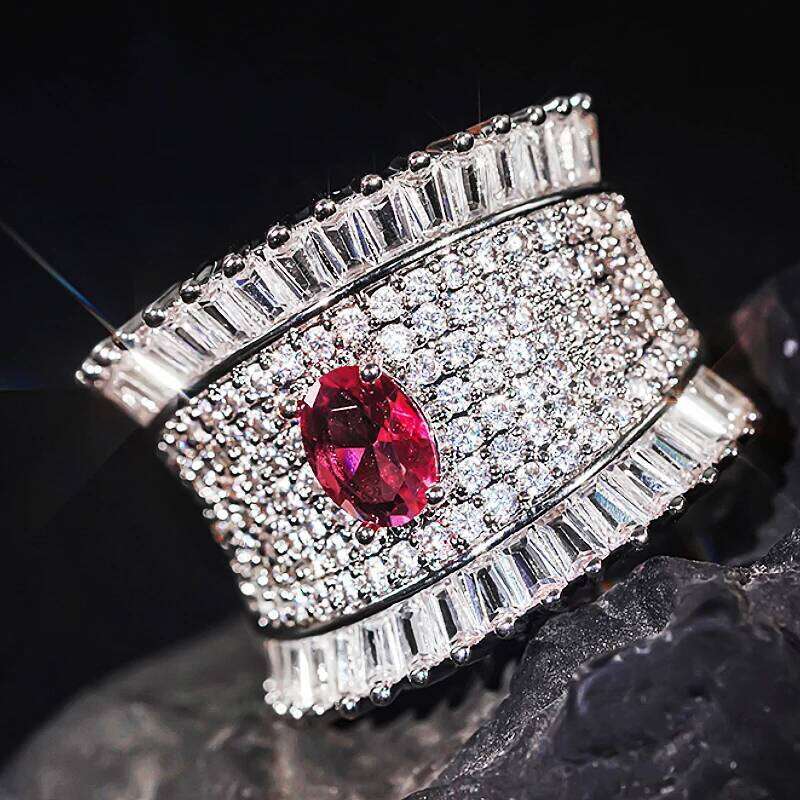 Huitan Full Bling Iced Out Red CZ Rings Women for Wedding Cocktail Party Gorgeous Lady Anniversary Gift Sparkling Trendy Jewelry