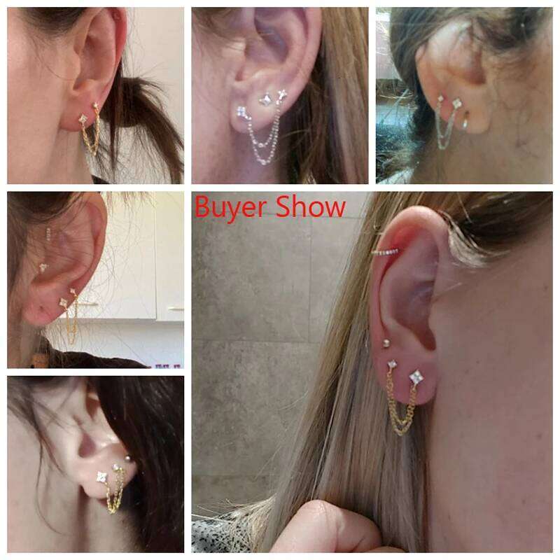 Aide 925 Sterling Silver Four Zircons Flower Stud Earrings For Women Double Studs Chain Tassel Piercing Earring 18K Gold Plated