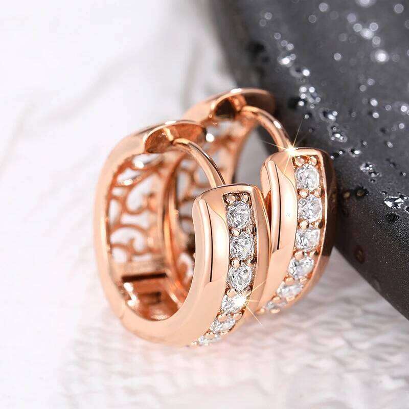 Huitan New Rose Gold Color Hoop with One Line CZ Temperament Women's Circle Earrings Hollow Pattern Statement Jewelry