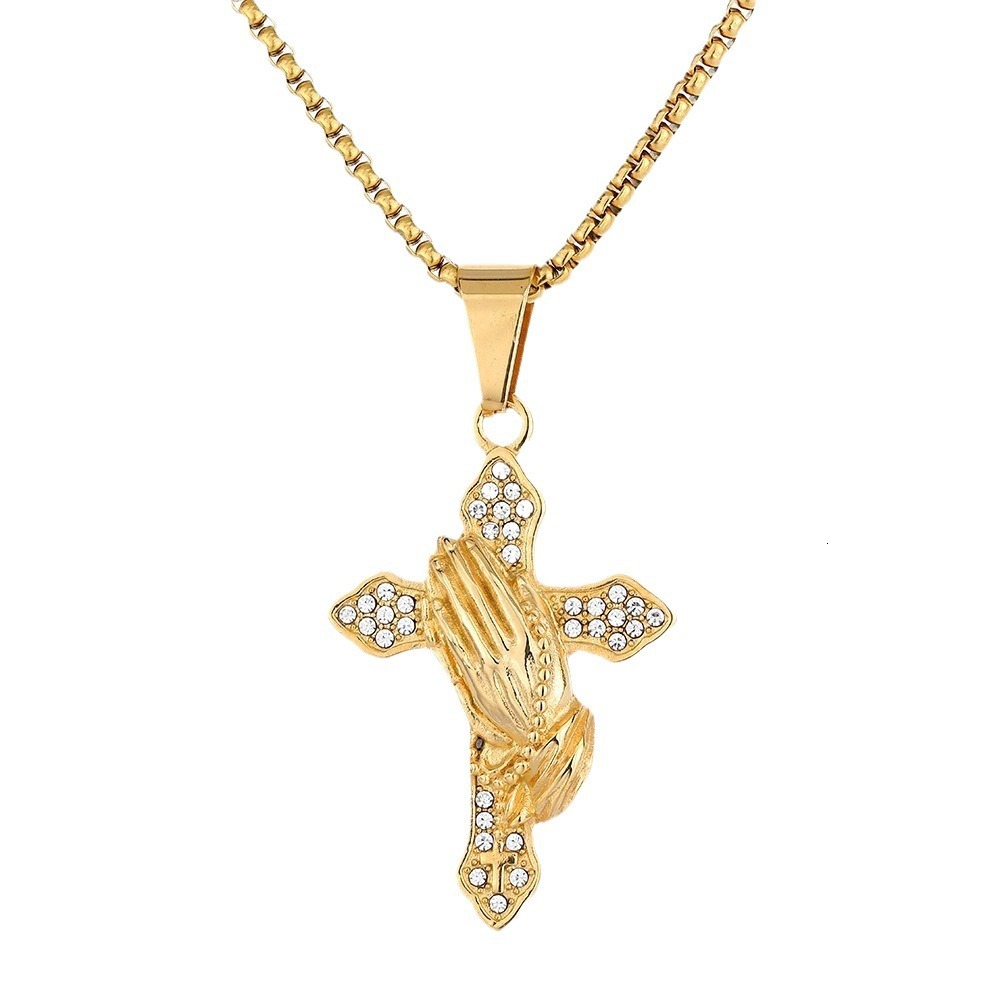 Luxury Brand Designer Jewelry Jewelry Source Manufacturer European And American Classic Retro Prayer Hands Cross Titanium Steel Gold-Plated Pendant In