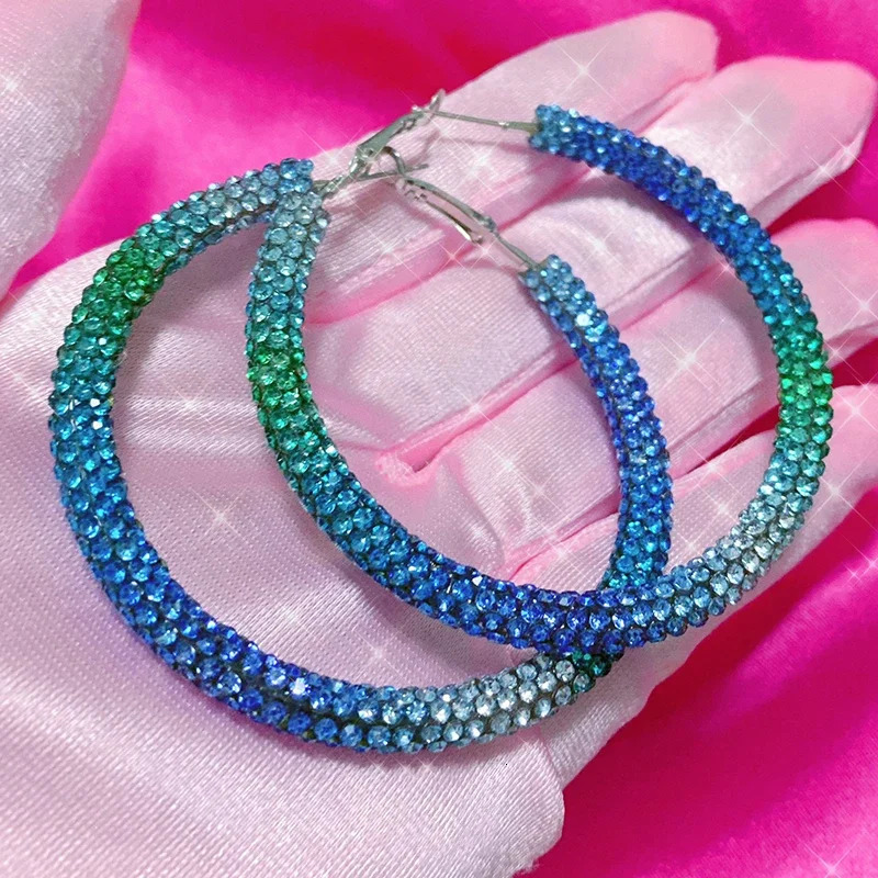 Y2K Blue Crystal Hoop Earrings Korean Fashion Charms Circular Ring Earrings for Women Punk Jewelry Sexy Accessories Geometry 251230