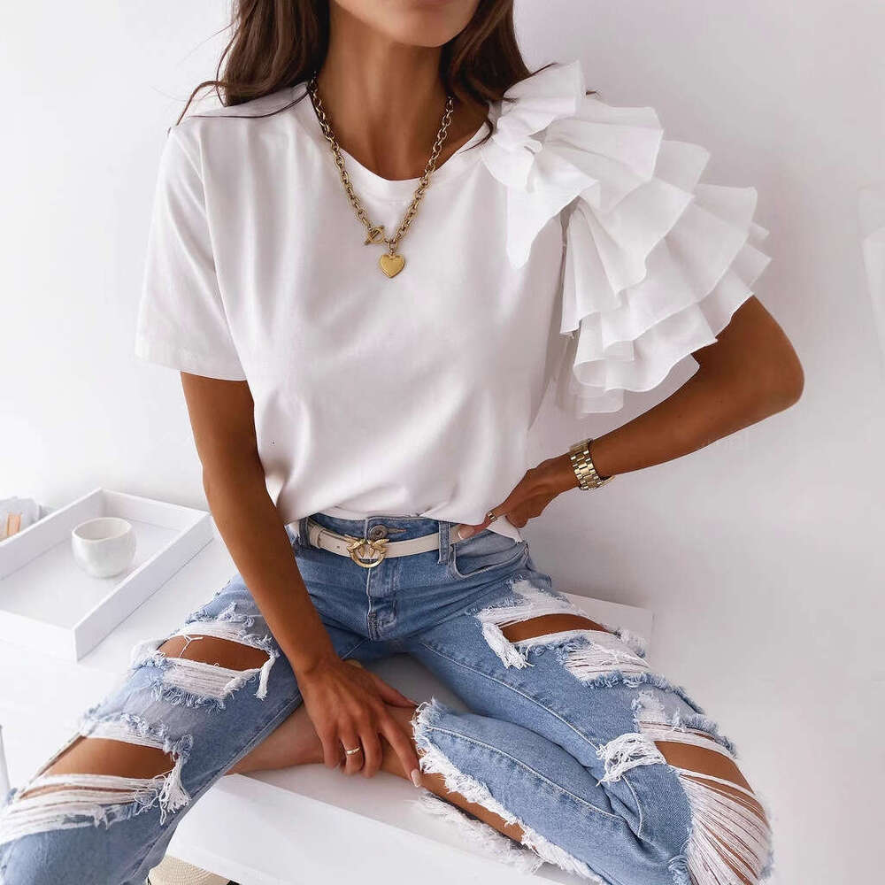2026 Summer Simple Fashion Ruffled Short Sleeve Round Neck Women's T-Shirt European and American Style