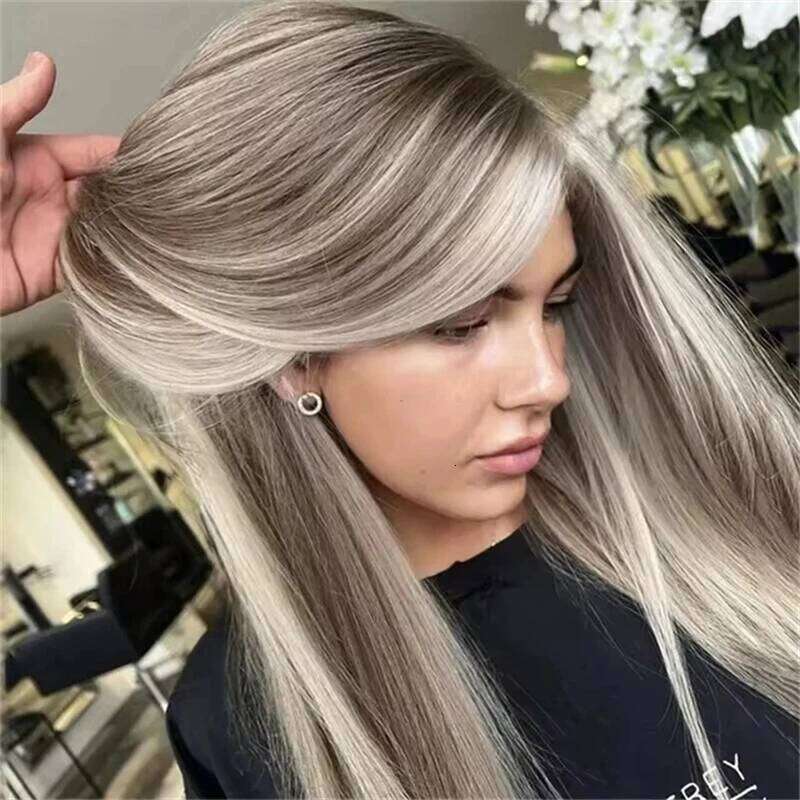 Ash Platinum Blonde Transparent Lace Front Wig Highlights 13x4 Long Straight Bob Ombre Color Synthetic Fiber Wigs 28 Inch