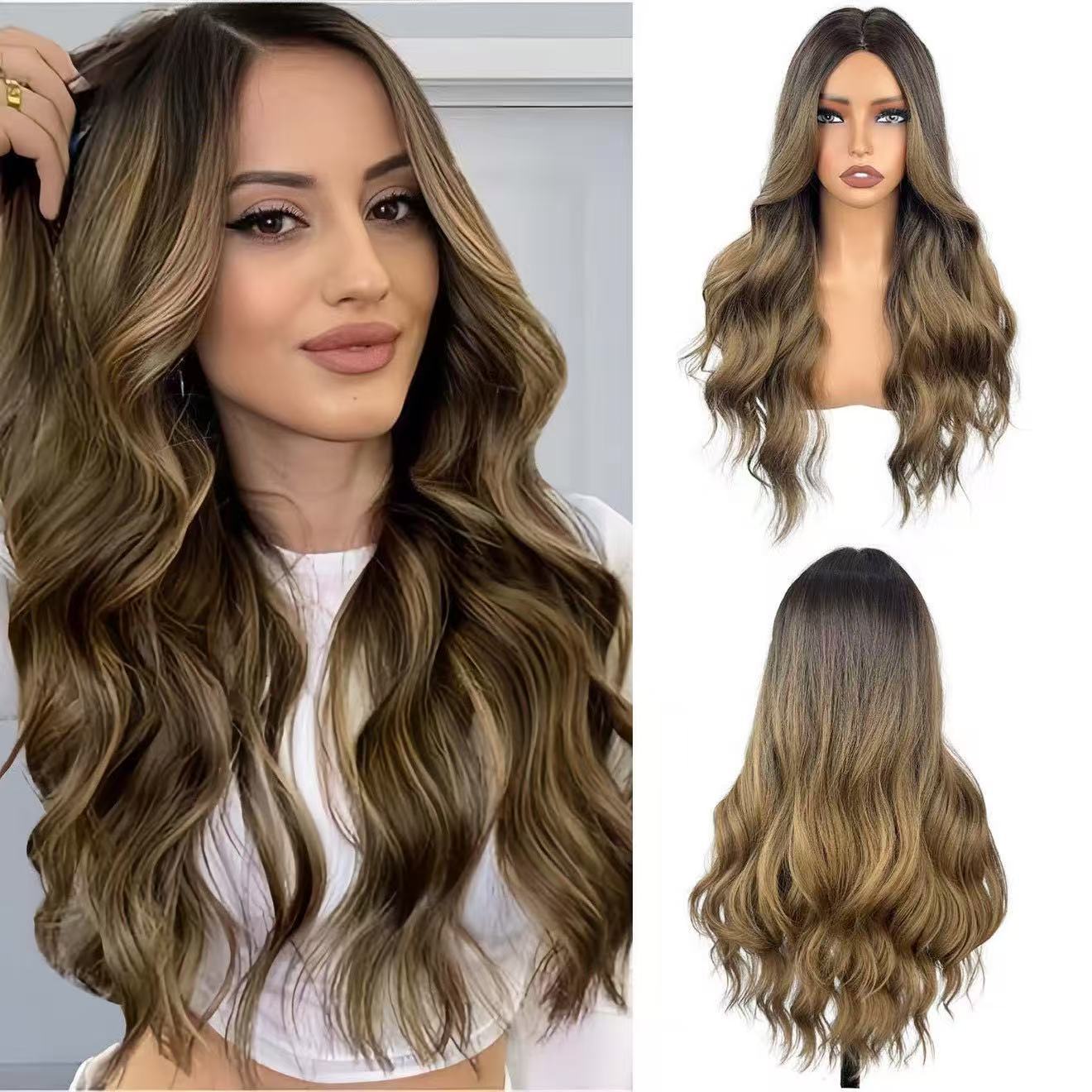 European American Cross Border E commerce Brown Straight Bangs Wavy Curls Matte Synthetic Fiber Wig High Temperature Resistant Silk Wig Ready to Wear 