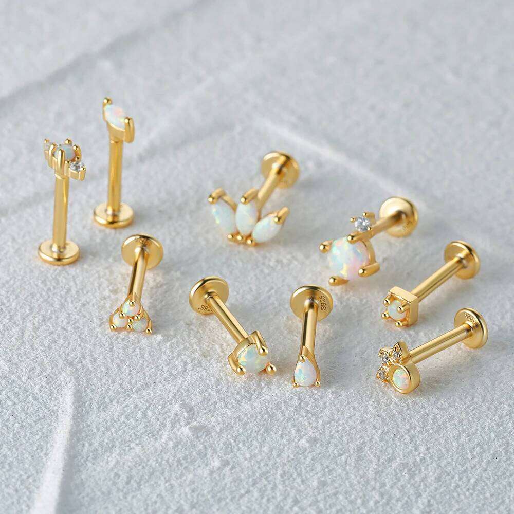 Aide Opal Stars Moon Stud Earrings For Women 925 Sterling Silver 18K Gold Flat Head Threaded Puncture Ear Bone Ins Fine Jewelry