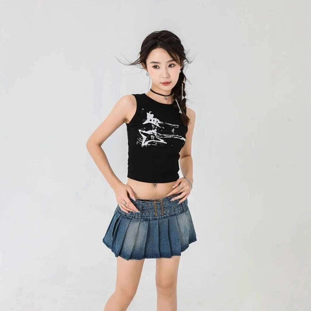 Guitar Print Sleeveless Tank Y2K Casual Ribbed Women Grunge Crop Top Harajuku Fashion Vest Tee 90s Street Outfits