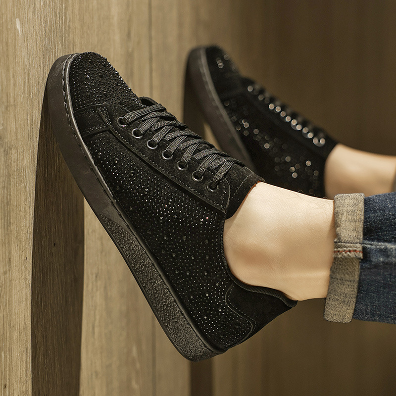 Luxury Shoes 2026 Men's Fashion Rhinestone Decor Casual Sneakers - Black Suede-like Low-Top Shoes for Daily/Streetwear (Size 39-44)