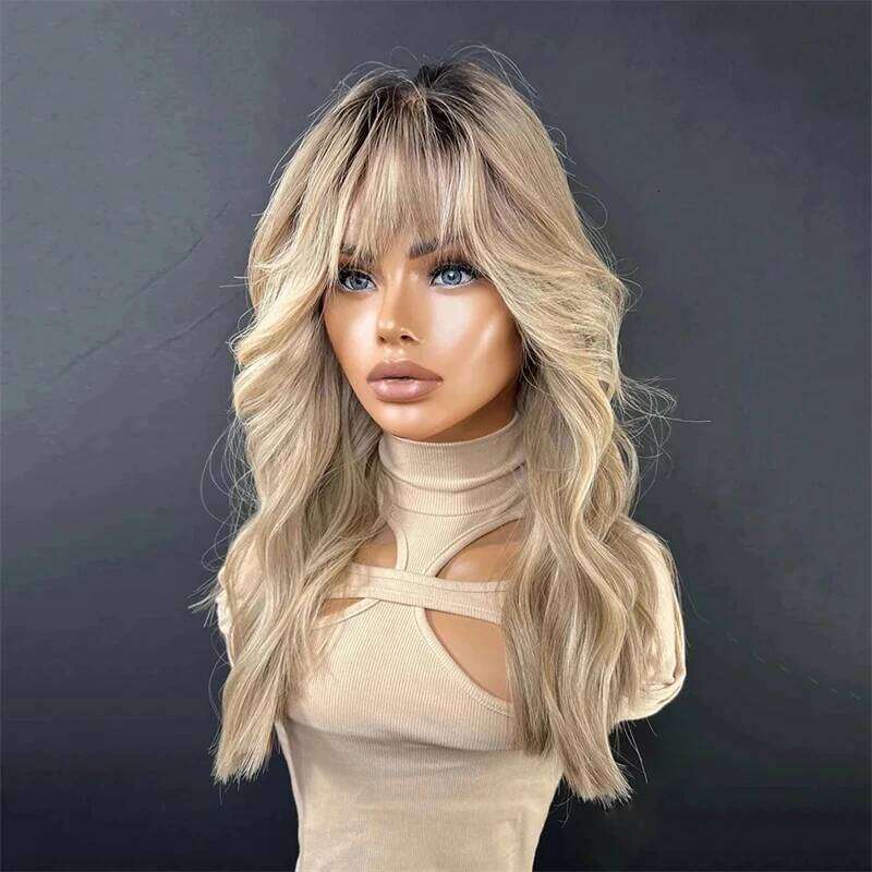 Lace Part for Women Ombre Ash Honey Blonde Colored Glueless Wigs with Bangs WEar and go 100% Natural Woman"s Wig Synthetic