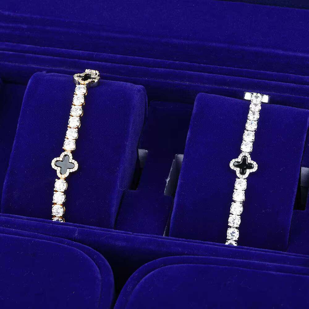 DE Hiphop Dazzling Fashion Brass Jewelry Iced Gold Plated Pearl Enamel Flower VVS Moissanite Tennis Chain Bracelet