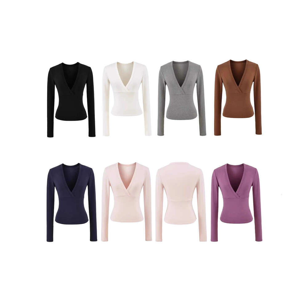 American Style Spicy Girl Subtle Deep V-Neck Waist-Cinching Long Sleeve T-Shirt for Women Autumn Stretchy Slim Fit Base Layer Slimming Inner Top