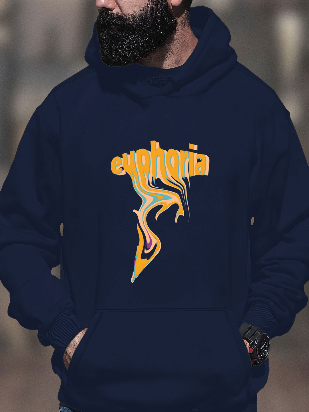 Men'S Navy Blue "Euphoria" Graphic - Soft Blend, Long Sleeve Pullover with Front Pockets, Style for Fall & Winter, Wear Trendy Casual |