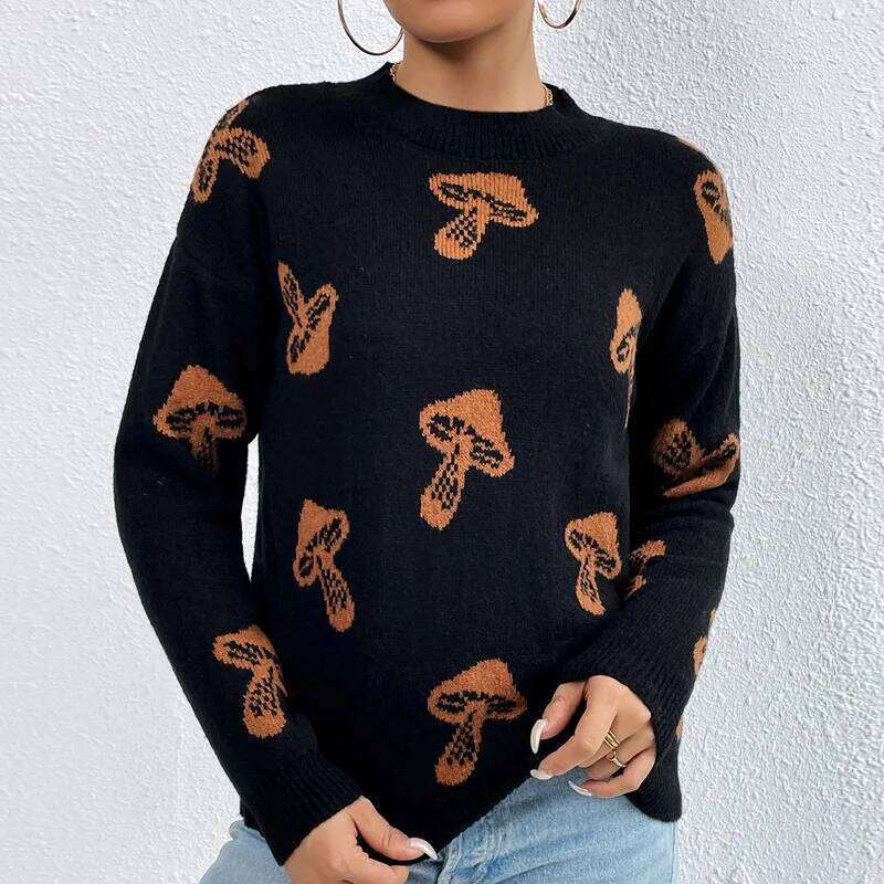 Spring And Autumn Women's Pullover Round Neck Flocking Geometric Screw Thread Contrast Color Long Sleeve Sweater Casual Tops