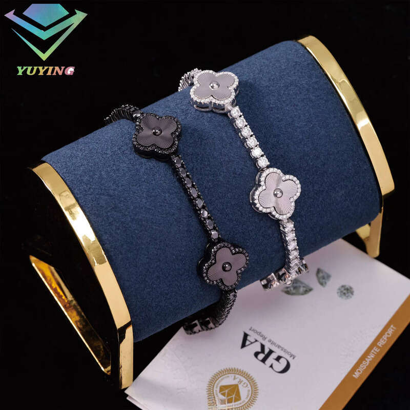 Lucky Clover 3mm S925 silver Black/Yellow/White Gold Plated VVS Moissanite Cuban Bracelet with GRA Certificate