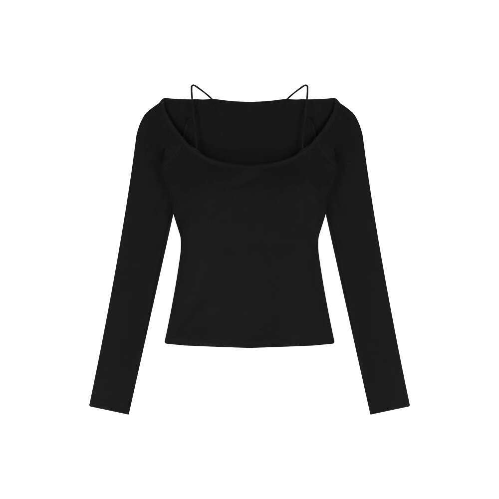 Sexy Hot Girl with Built-in Chest Pads Red Long Sleeve T-Shirt for Women Spring Unique Slim Fit Base Shirt Inner Wear Black Top