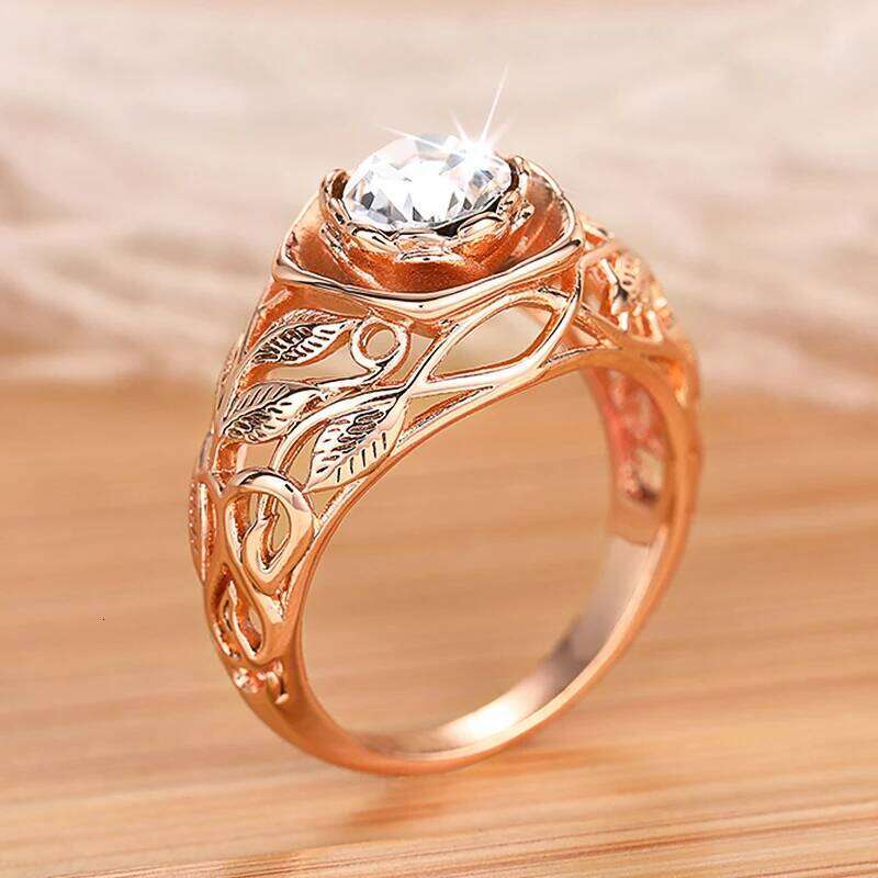 Huitan Aesthetic Rose Gold Color Flower Ring Female Engagement Accessories with Bright Zirconia Graceful Wedding Band Jewelry