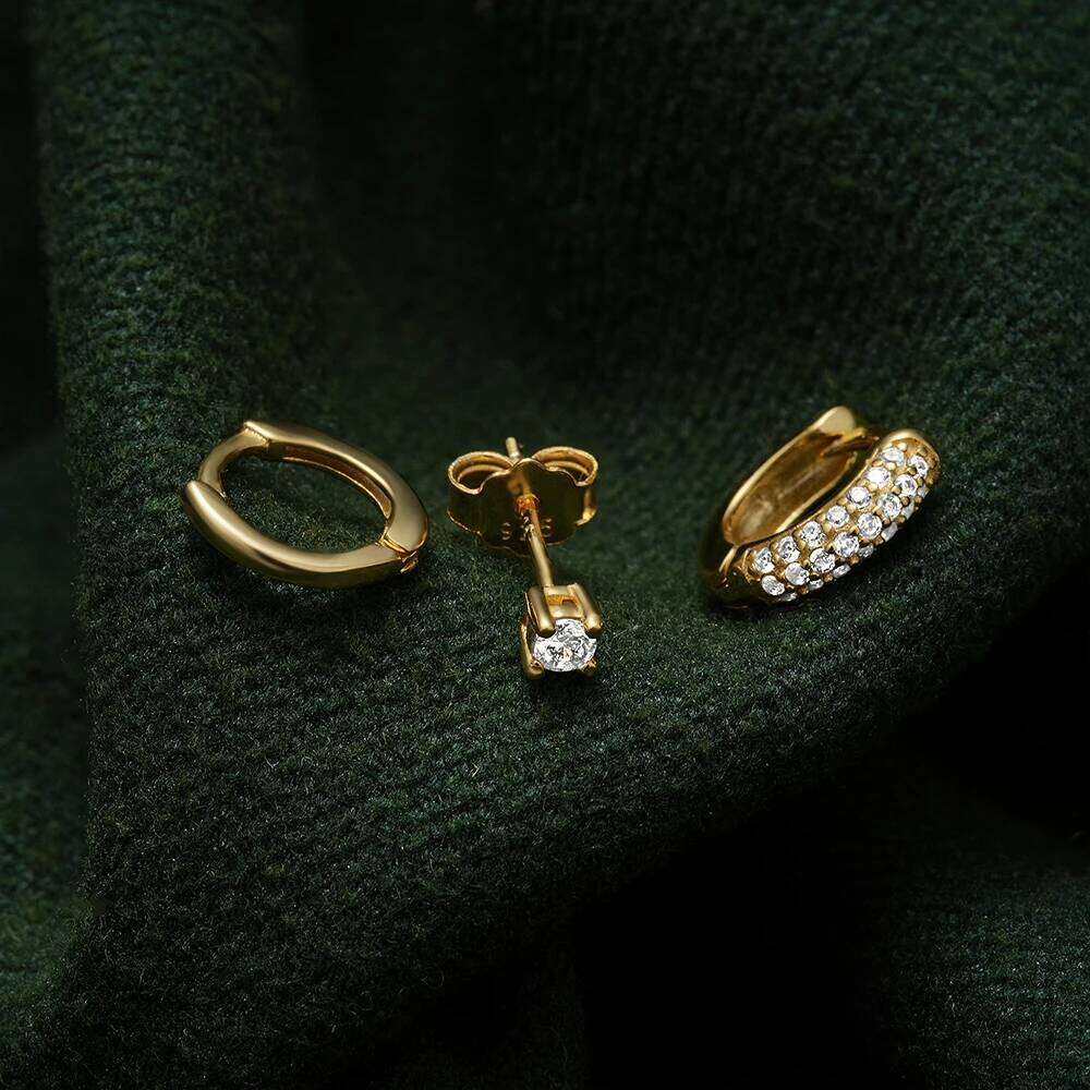 Aide Gold Stud Earrings Set Women 3pcs Huggie Hoop Stack for Multiple Piercing Hypoallergenic 925 Sterling Silver Jewelry