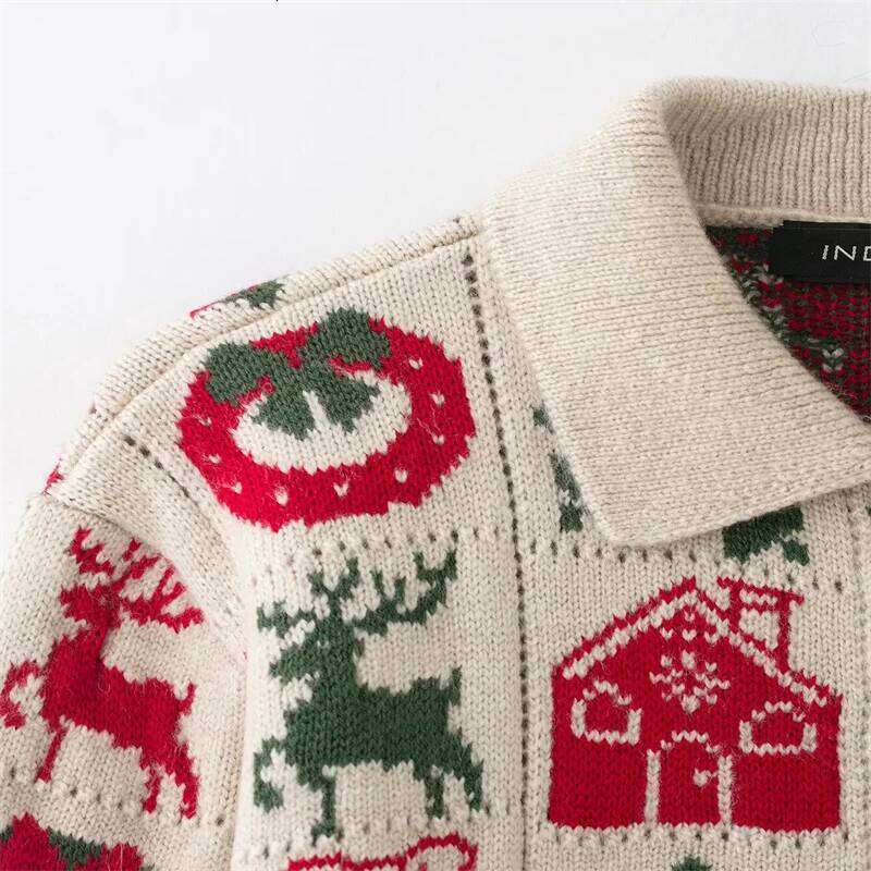 Vintage Christmas Pattern Cardigan For Women, Cute Reindeer Tree Knitted Jacket, Casual Button-Down Collared Sweater Coat