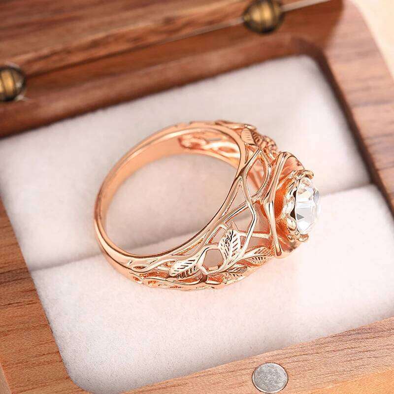 Huitan Aesthetic Rose Gold Color Flower Ring Female Engagement Accessories with Bright Zirconia Graceful Wedding Band Jewelry