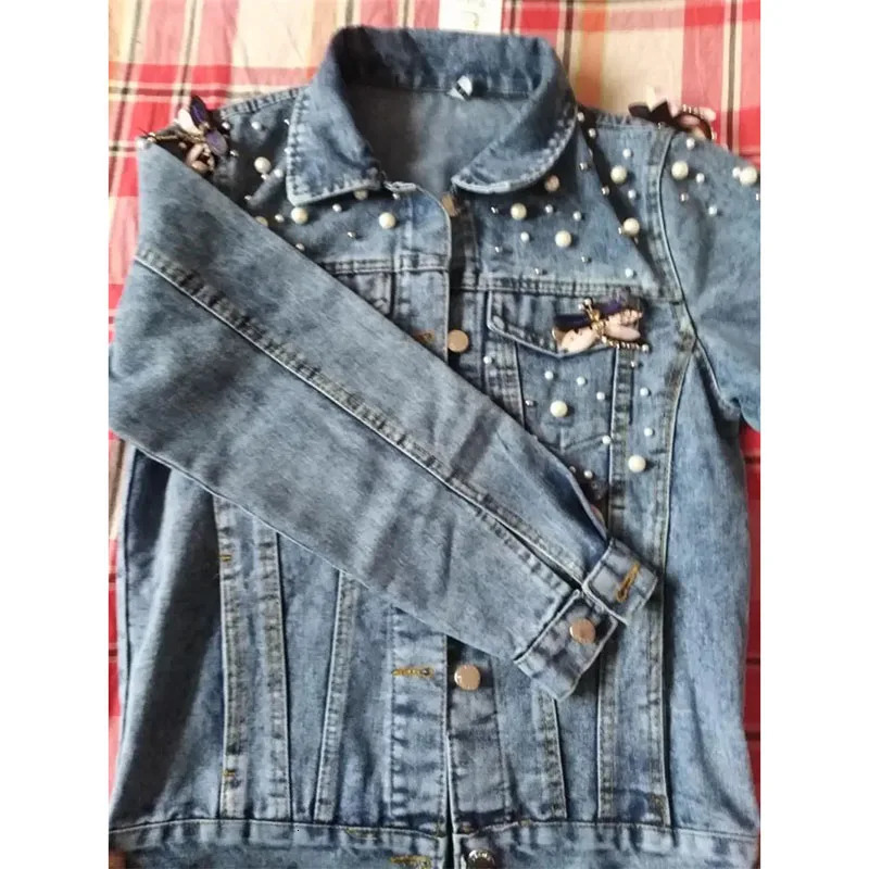 Autumn Ladies Short Beading Denim Jacket Retro Women Long Sleeves Outwear Femme Fashion Cowboy Tops Coat 251231