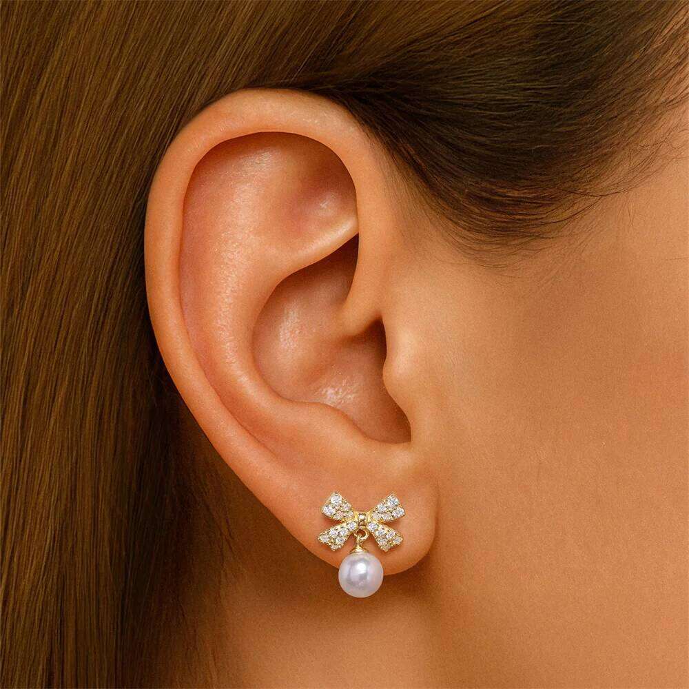 Aide Luxury 925 Sterling Silver Bow With Stud For Women Shiny Pearl Pendant Earrings Handmake Rhombic Studs