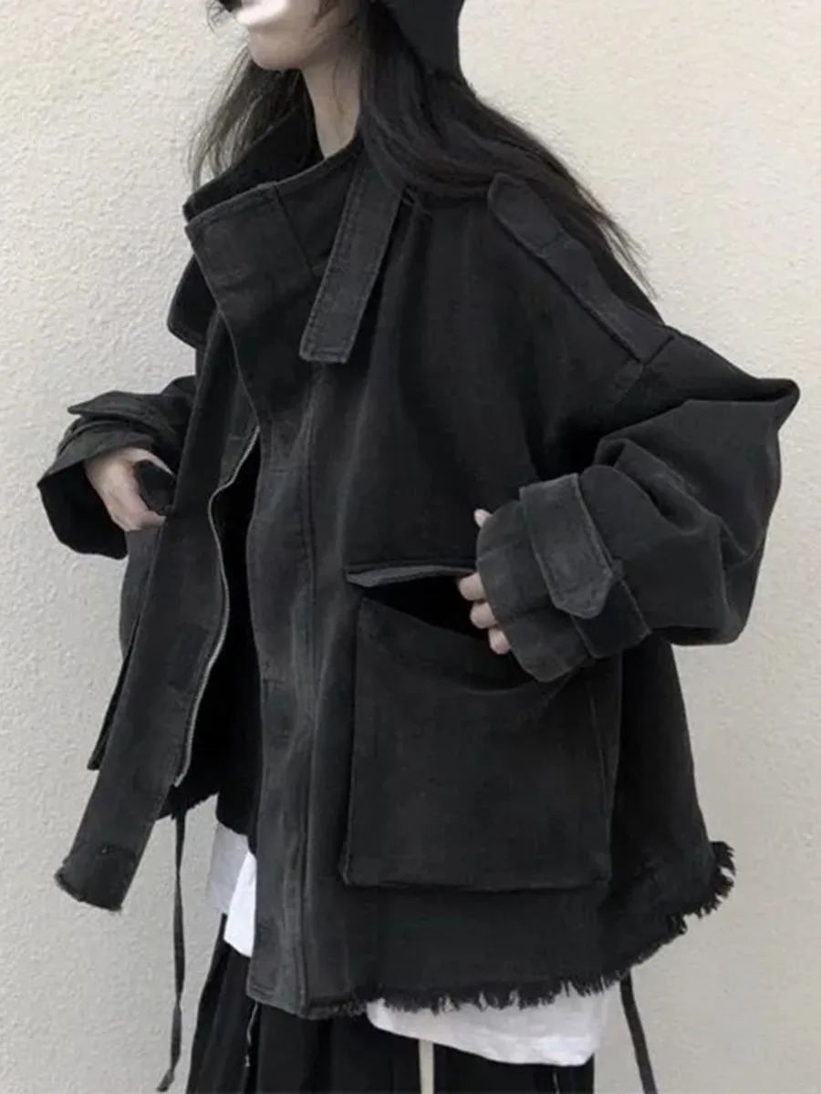 Women Tassel Jeans Jacket Cargo Fashion Big Pocket Loose Denim Coats Autumn Female All Match Streetwear Outerwear 251231