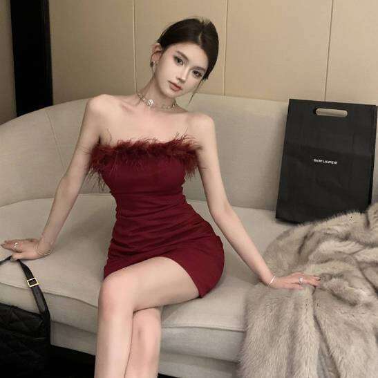 Thai Style New Celebrity Bodycon Sexy Furry Tube Top Elegant Slimming High-end Short Dress for Women