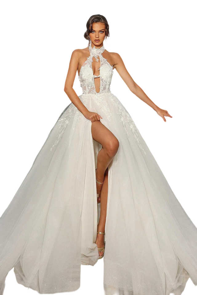 Sexy Boho Wedding Dress For Women Halter Neck Lace Appliques High Split A-Line Tulle Bridal Gown Customized Vestido De Novia
