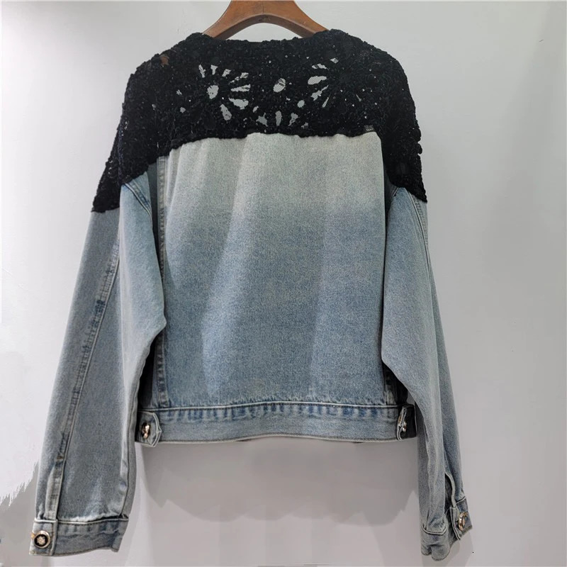 DEAT Womens Denim Jackets Vneck Patchwork Sequins Long Sleeve Perspective Shoulder Coats Summer Fashion 29A968 251229