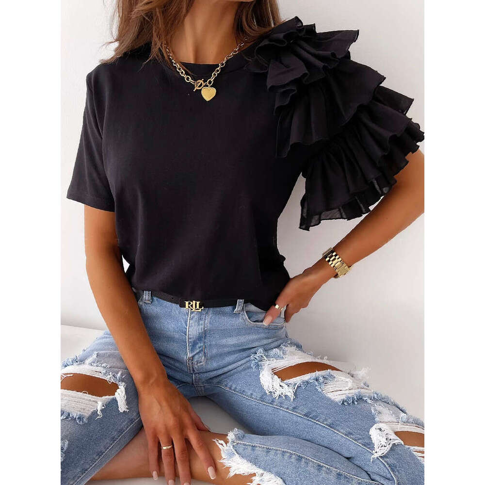 2026 Summer Simple Fashion Ruffled Short Sleeve Round Neck Women's T-Shirt European and American Style