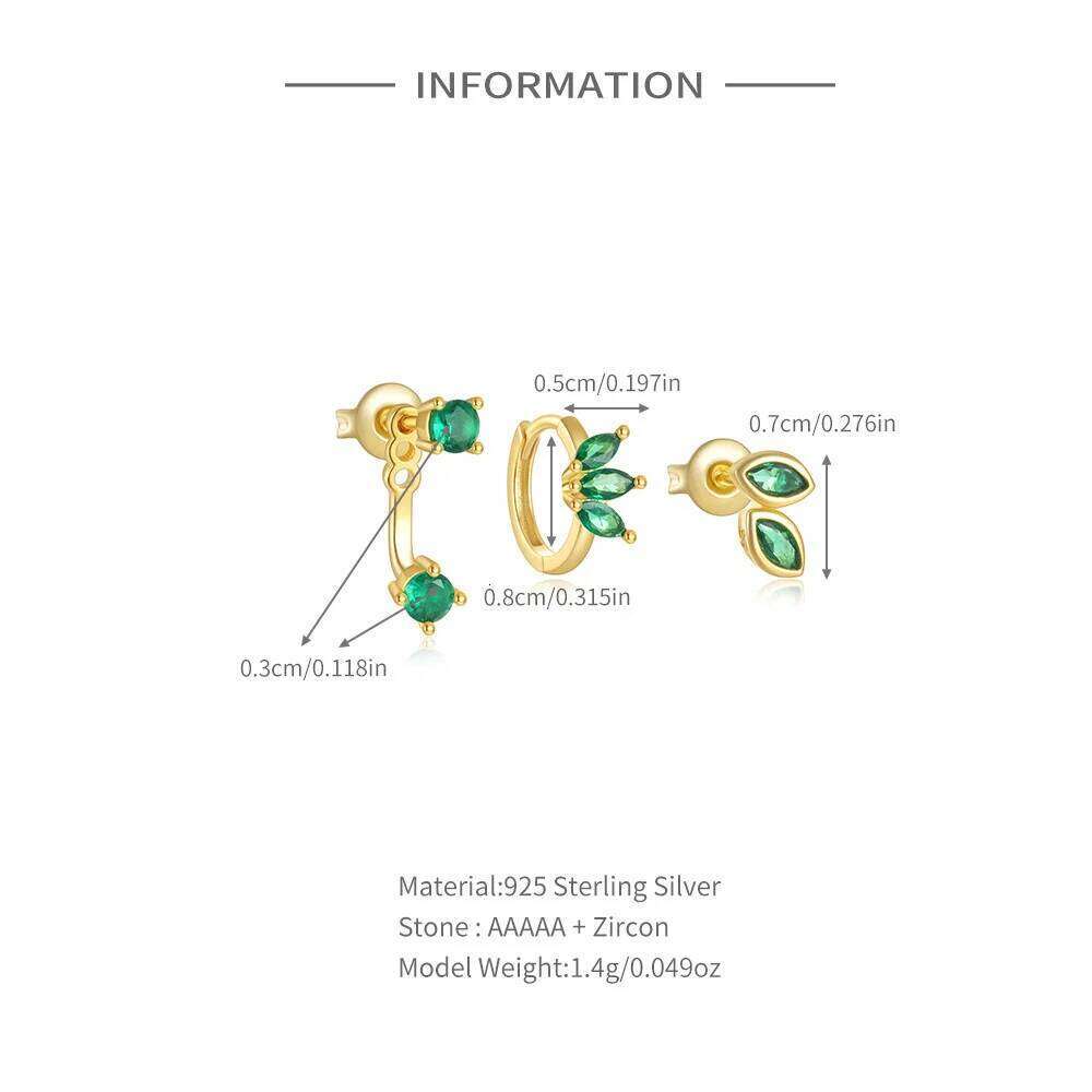 Aide 925 Sterling Silver 3PCS Women's Emerald Zircon Earrings Shaped Simple Fashionable Earring Wedding Parties Jewelry Gifts