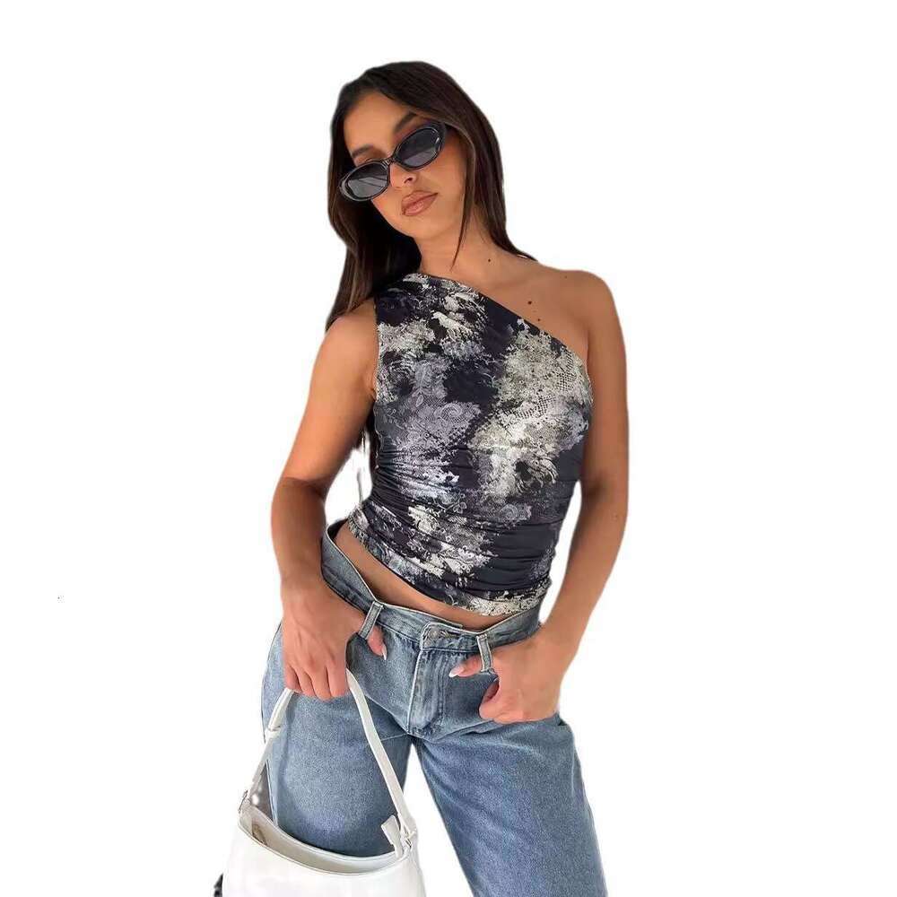 S32213 European and American Style Spring Summer New Y2K Hot Girl Women's Clothing Off-Shoulder Sleeveless Sexy T-Shirt Design Slim Fit Top