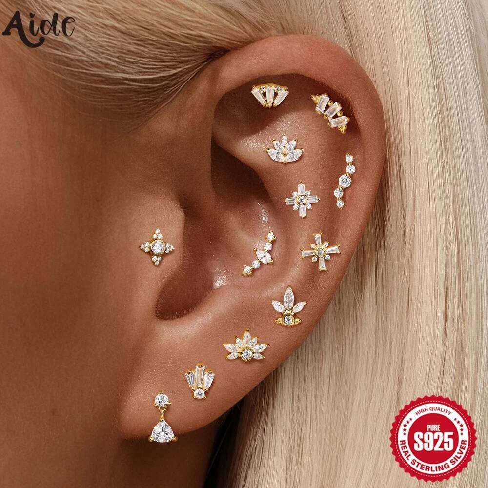 Aide 1PC White Shiny Zircon Cartilage Stud Earrings Spiral Puncture 925 Sterling Silver For Women Ins Ear Bone Earring