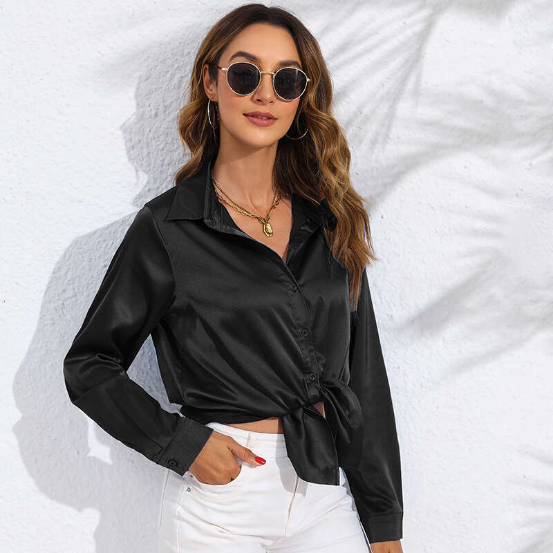 2026 Spring Autumn Hot-Selling Real Shot European and American Cross-Border Women's Solid Color Satin Long Sleeve Blouse