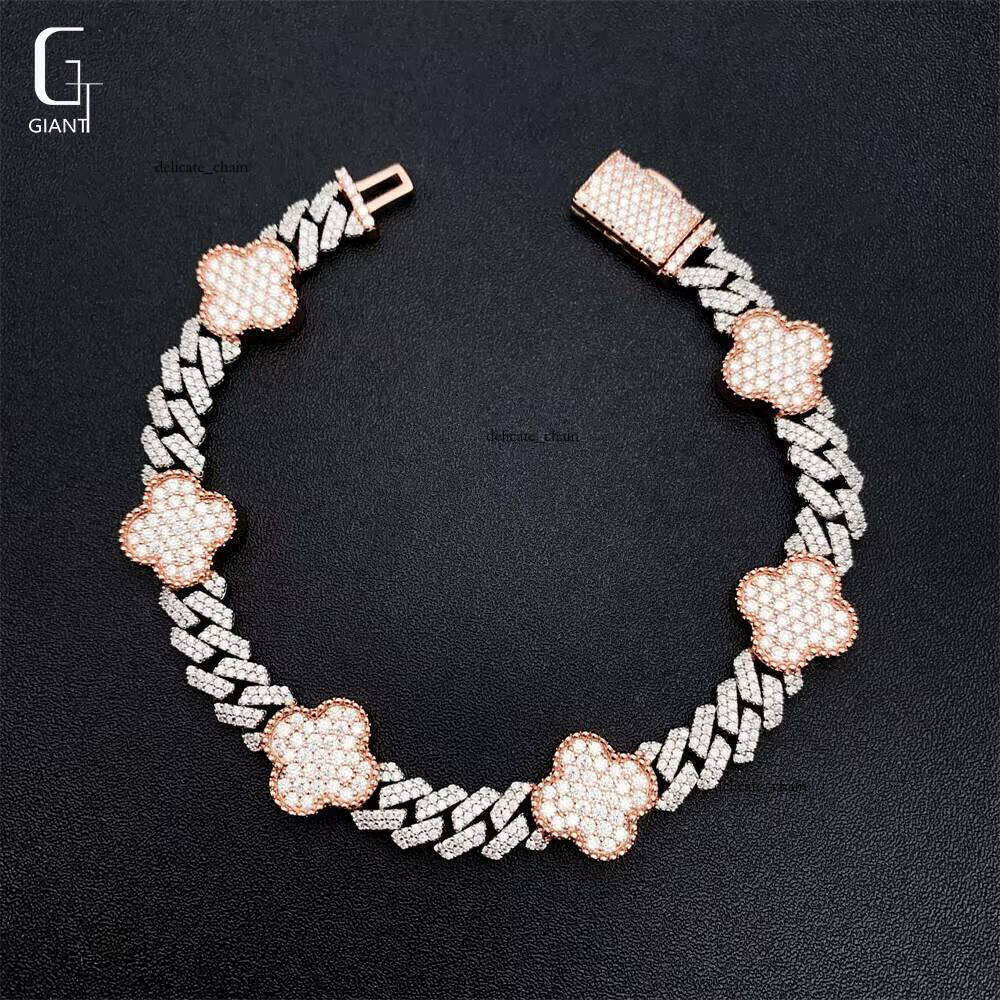 Fashion Four-Leaf VVS Moissanite Cuban Chain 925 Iced Rose Gold + Silver Hip-Hop Necklace Bracelet Best Gift