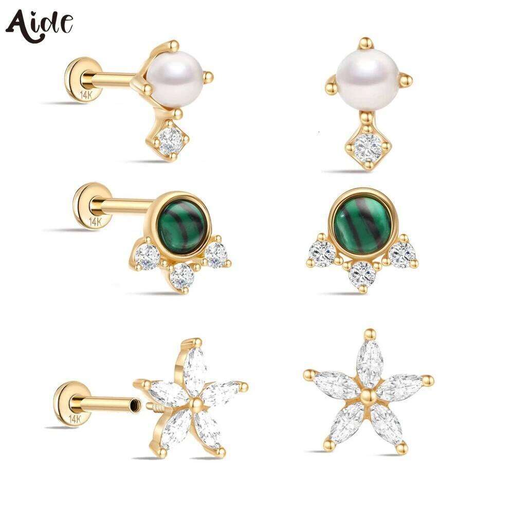 Aide 14k Solid Gold Star Pearl Zircon Piercng Earrings For Women Jewelry Small Mini Ear Bone Studs Birthday Party Gift Pendiente