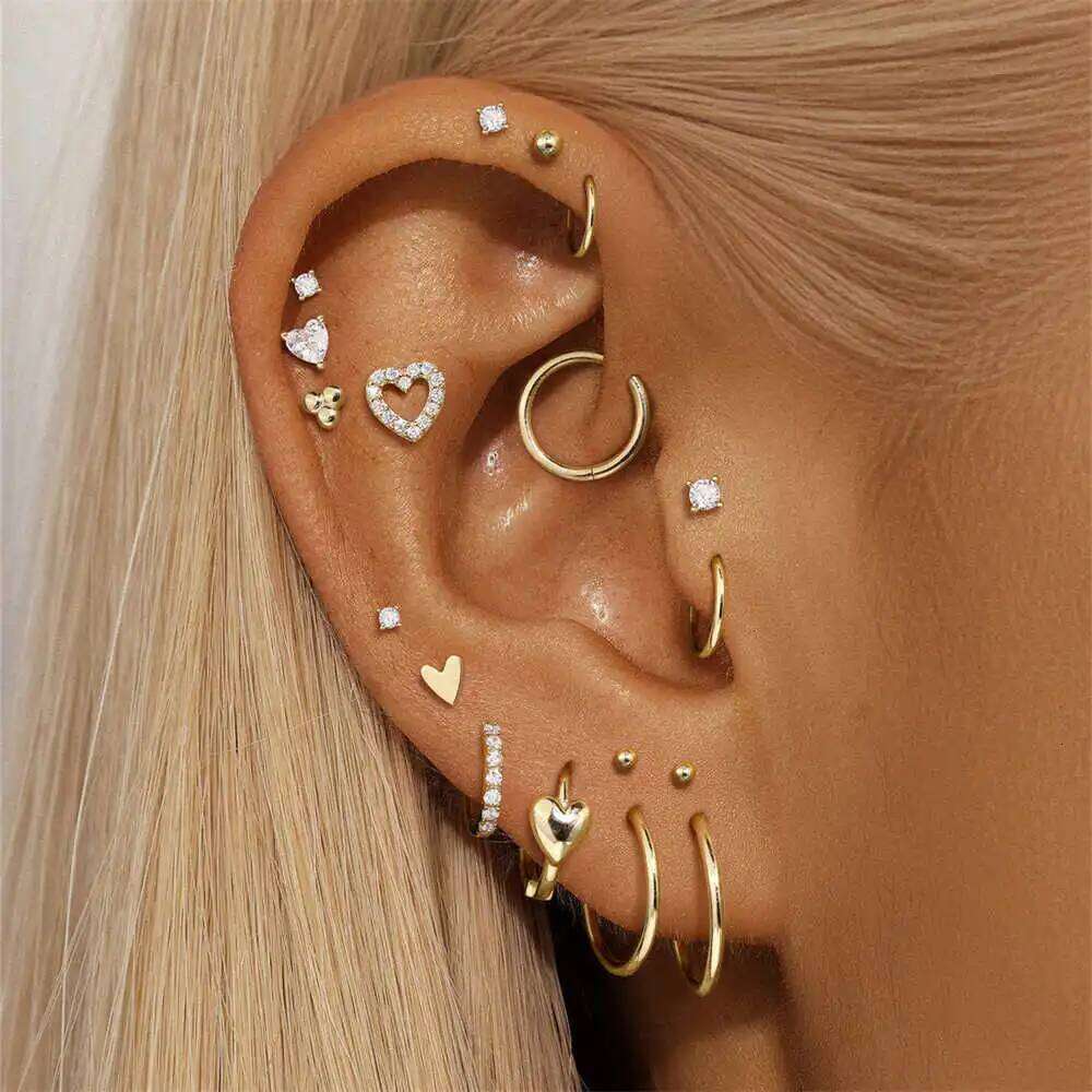 Aide 8MM Stud Earring 14k Solid Gold Bees Heart Star Puncture Earrings Simple Jewel Minimal Christmas Birthday Gift Pendientes
