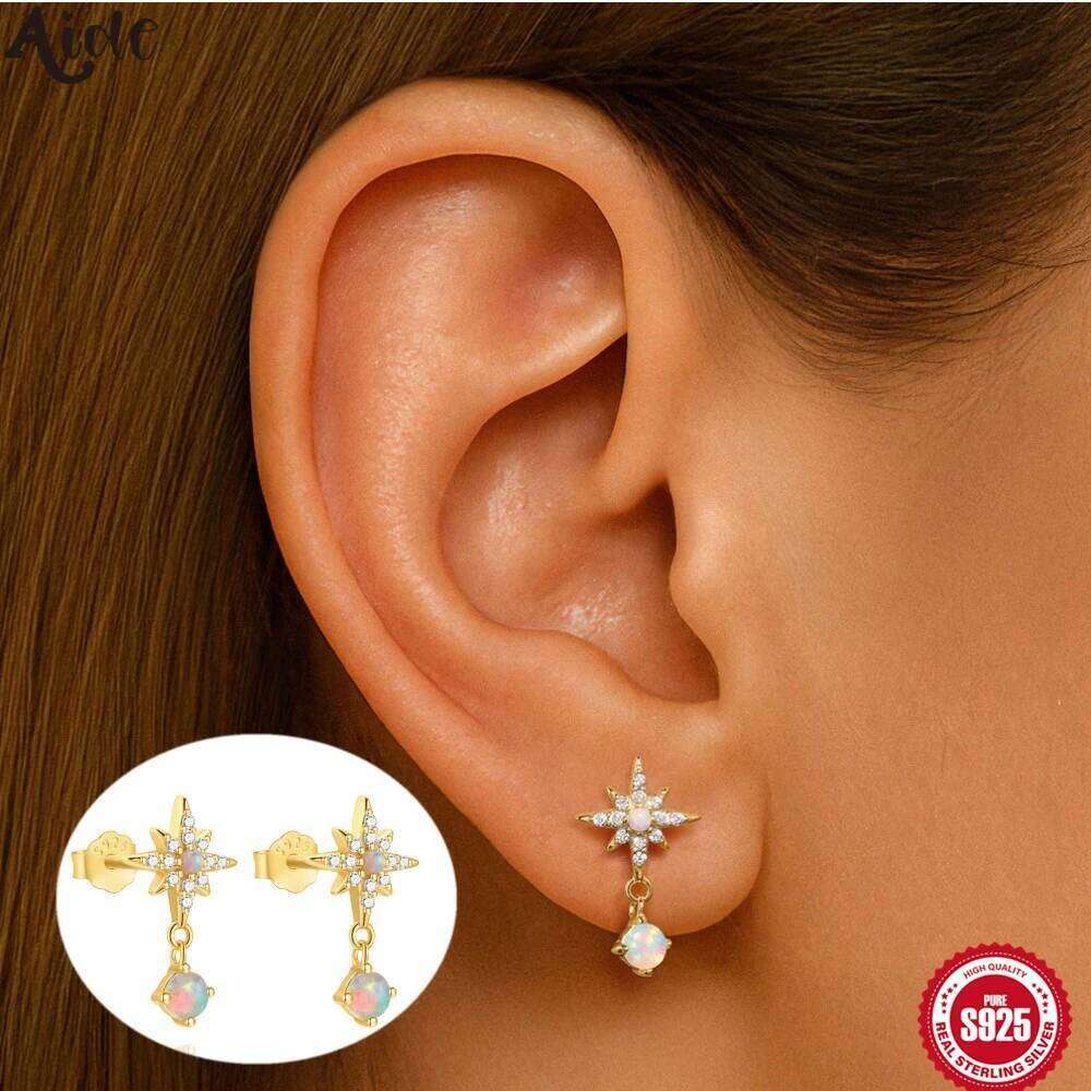 Aide 925 Sterling Silver Cubic Zirconia Star Dangle For Women Shiny Opal Cartilage Piercing Stud Earring Korean Jewelry
