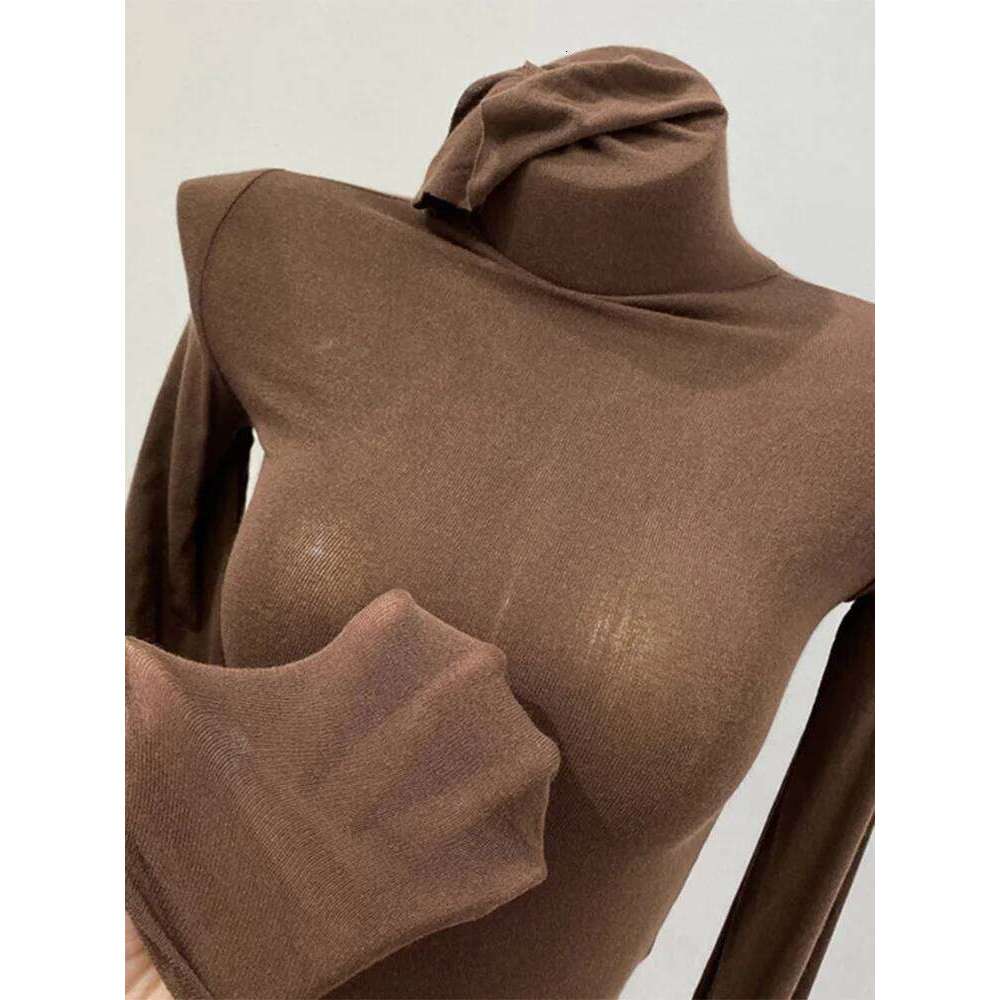 Thin Soft American Long Sleeve T-shirt High Stacked Neck Tight Perspective Bottom Shirt Women's Slim Fit Tops Sexy Streetwear