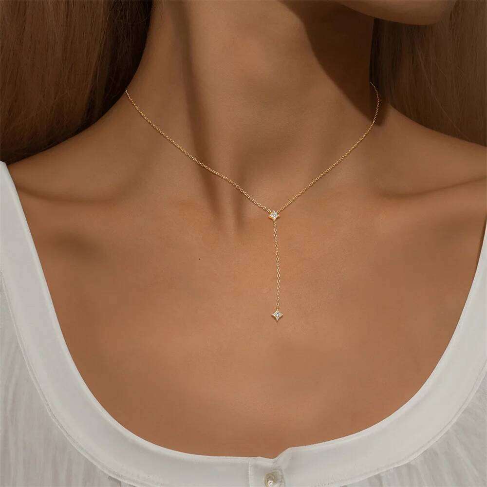 Aide 925 Sterling Silver Thin Chain Crystal Pendant Necklace For Women Y Shape Rhinestone Choker Neck Wedding Jewelry