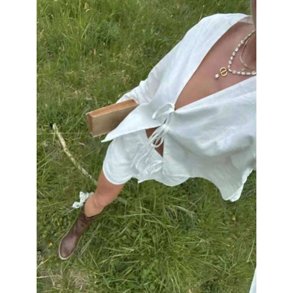 Autumn Deep Flared Top, Lace-up Shirt, Women's Sexy Hollow-out V-neck Long Sleeve T-shirt