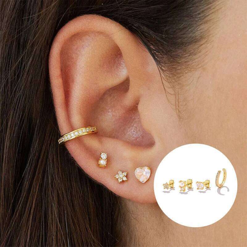 Aide White Zircon Flower Heart Set For Women Temperament Double Circle Blue Crystal Chain Tassel Piercing Stud Earrings