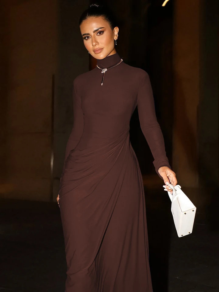 Dulzura Autumn Fashion Elegant High Collar Long Sleeve Ruched Slim Fit Dress WomenS Solid Casual Party Club Street Clothes 251231