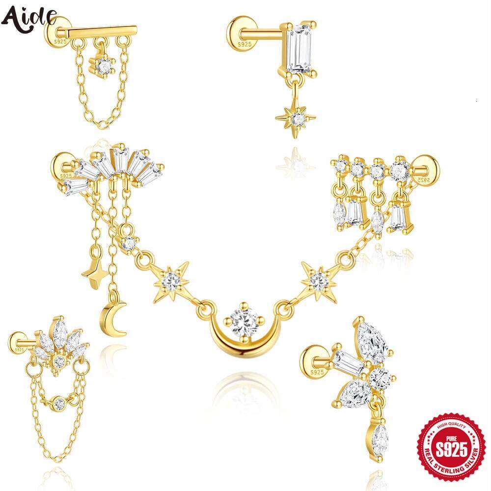 Aide 1pc 925 Silver Chains Flower Studs Women 18K Gold Flat Head Threaded Puncture Ear Bone Tassel Charm For Earring Jewelry