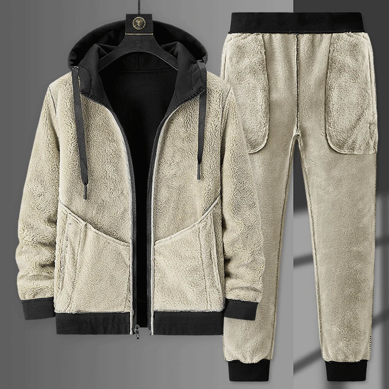 Mens Sets Jacket pant Warm Fur Winter Sweatshirt Cashmere Tracksuit Fleece Thick Hooded Casual Track Suits 251230
