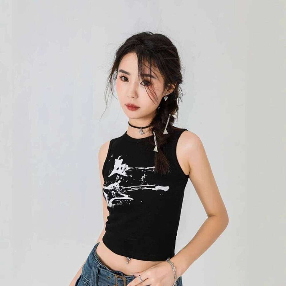 Guitar Print Sleeveless Tank Y2K Casual Ribbed Women Grunge Crop Top Harajuku Fashion Vest Tee 90s Street Outfits